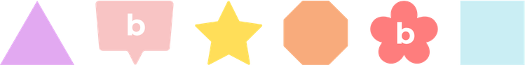 Playful shapes representing speech and learning: triangle, speech bubble with b, star, octagon, and flower with b